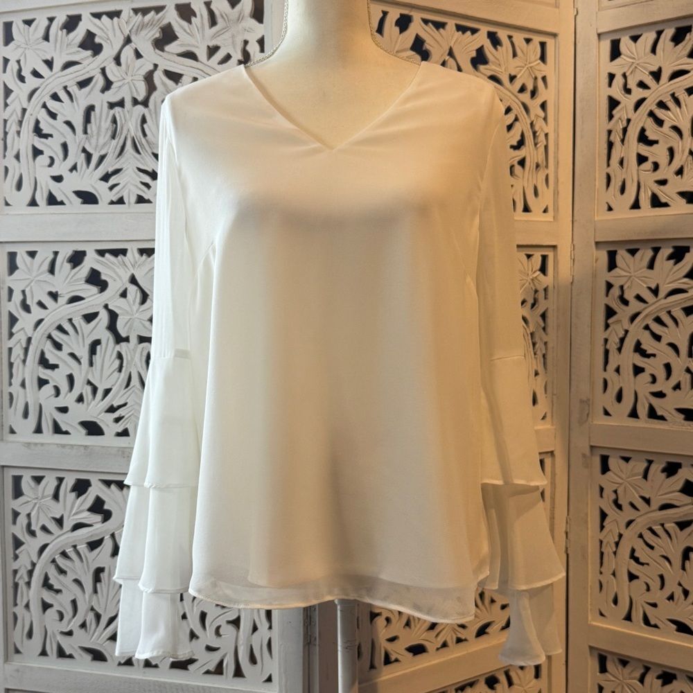 NWT Calvin Klein White Tiered Sleeve Blouse  Sz S